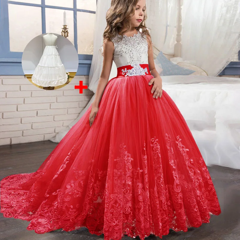Кружевное платье с цветочным рисунком и длинным шлейфом; вечернее платье для девочек на свадьбу, День рождения; костюм принцессы для первого причастия; платье подружки невесты - Цвет: red