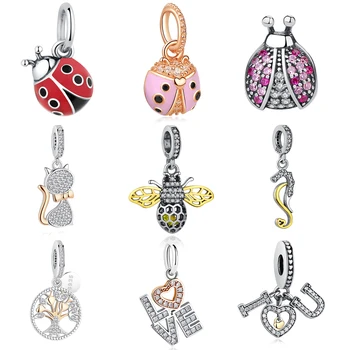 

925 Sterling Silver Bead Red Enamel Animal Beatles Ladybug Charm Fit Original Pandora Charm Bracelet Necklace DIY Jewelry Making