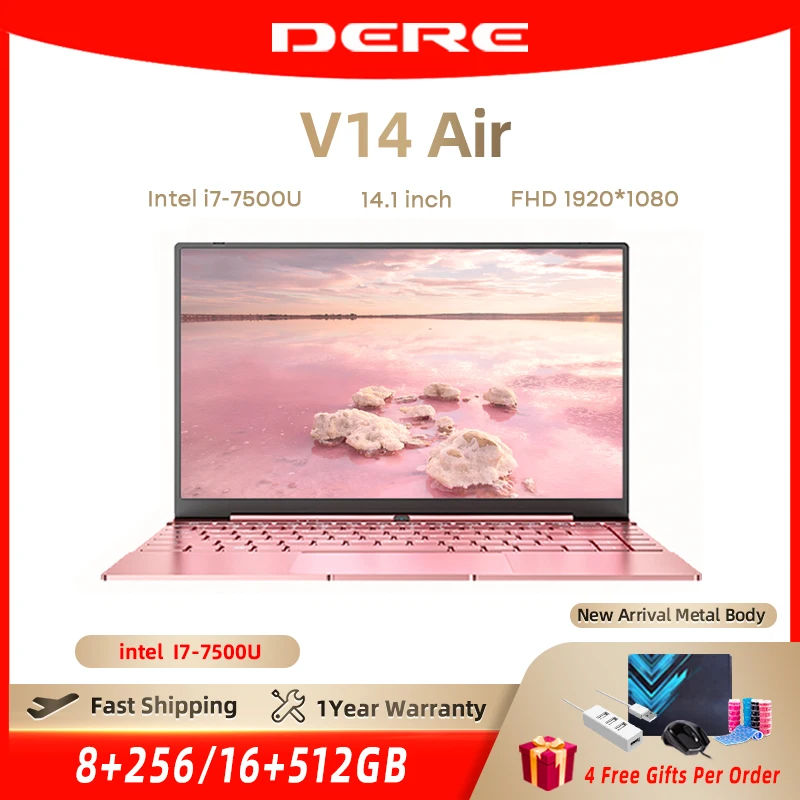 Ноутбук Dere V14 Air 14 1 дюйма Intel Core i7-7500U 8 ГБ ОЗУ 256 Гб SSD клавиатура с подсветкой Windows 10