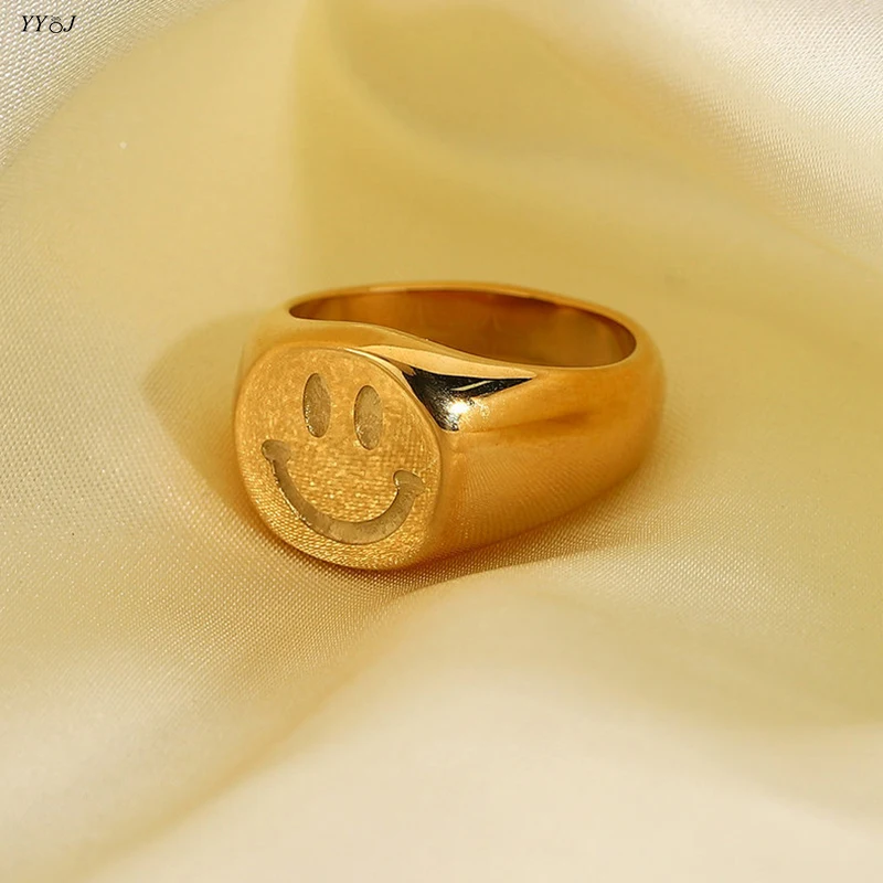 Happy smilely face ring for women stainless steel signet ring stackable funny cute kawaii jewelry for teenage girls y2k 3