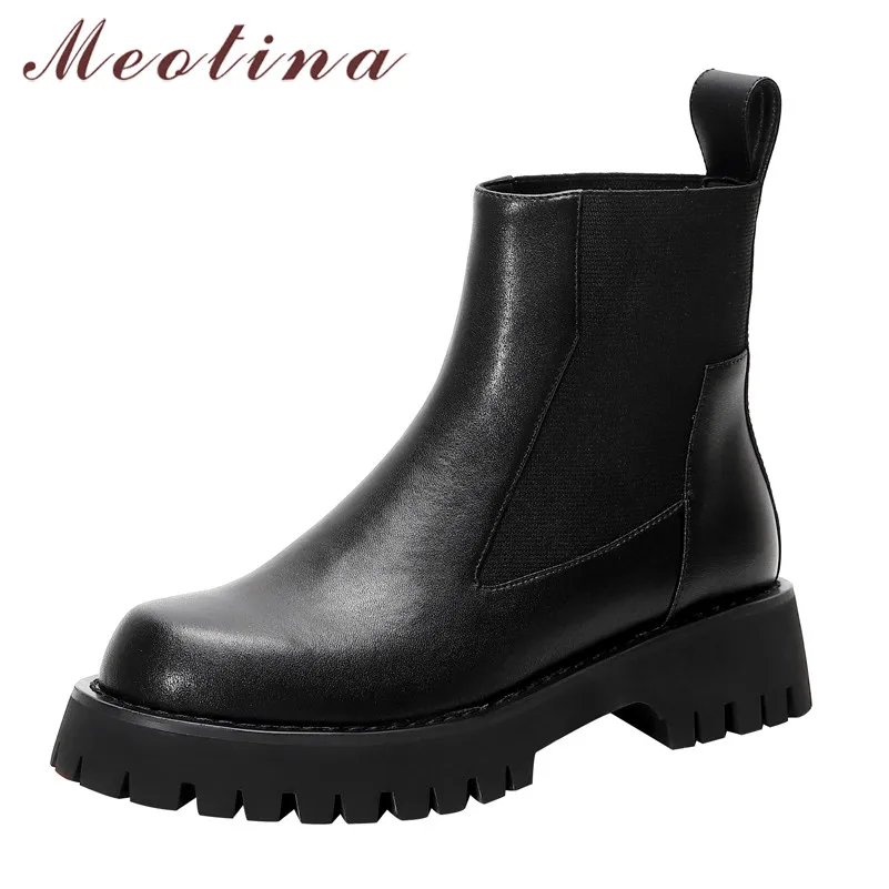 

Meotina Chelsea Boots Women Shoes Real Leather Platform Mid Heel Ankle Boots Round Toe Thick Heels Lady Short Boots Black 40