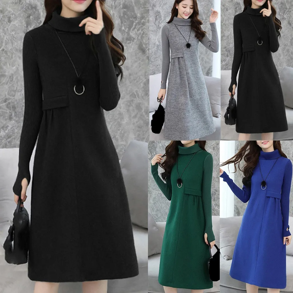 Sukienki vestidos, платье размера плюс, женское, элегантное, до колена, с карманами, с длинным рукавом, шерстяное платье, ropa mujer robe femme