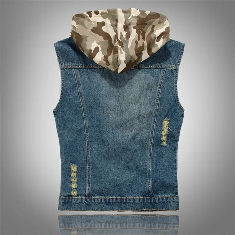 

2020 Spring Brand Hot Sale Slim Fit Hooded Camouflage Hole Male Denim Vests Male Cow Boy Sleeveless Jackets Waistcoat Zipper Fly
