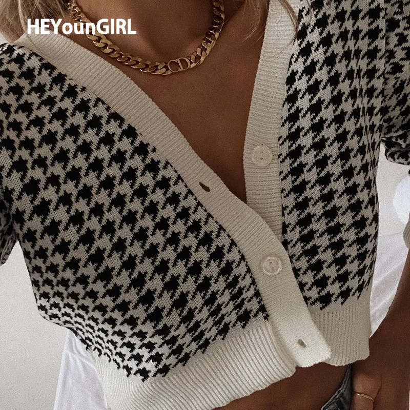 Укороченный кардиган HEYounGIRL с принтом &quotгусиные лапки&quot женский V-образным