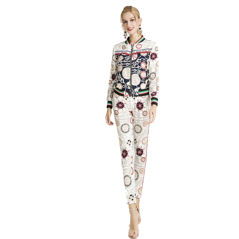 

Autumn Fashion Runway Two Pieces Set Women's Colorful Geometric Printed Top Casual Long Pant Set Jacket Twinset 2019 New Style
