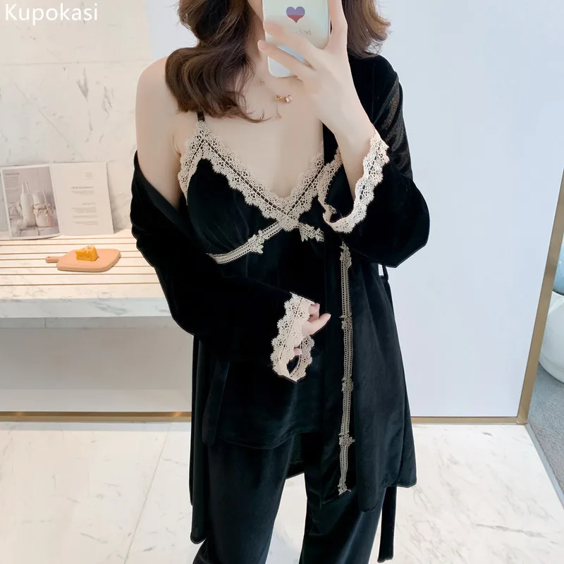 Kupokasi 3Pcs Gold Velvet Pajamas Set For Women Winter Sleep Suit Sexy Homewear Pijama Girl Pajama Home Robe Wear