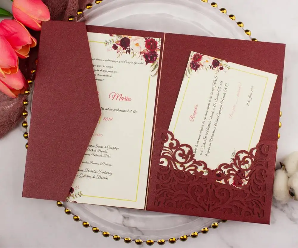  free shipping 100pcs Vine tri fold wedding invitation cards with envelope insert RSVP 3 fold laser  - 4000330802854