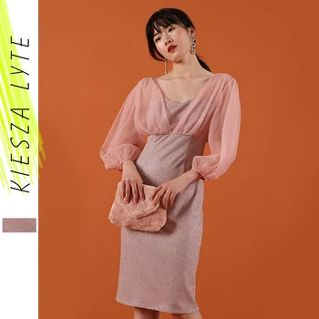 

Sexy gauze patchwork bubble sleeve dress slim sweet pink evening gown special occasion banquet dresses