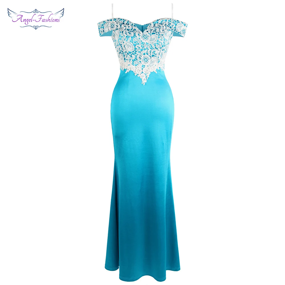

Angel-fashions Women's Boat Neck Applique Lace Spaghetti Strap Long Mermaid Elegant Evening Dress Light Blue J-190717-S