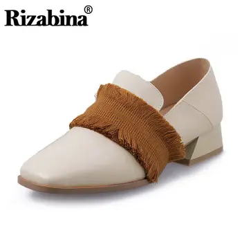 

Rizabina Real Leather Women Tassels Ladies Work Pumps Slip On Chunky Heels Spring Fashion Shoes Women Pumps Footwear Size 34-39