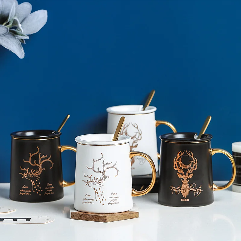 

Nordic Creative Cartoon Elk Belly Cup with Lid Spoon Simple Milk Breakfast Ceramic Mug Home Office Large Capacity Tea Coffee Mug