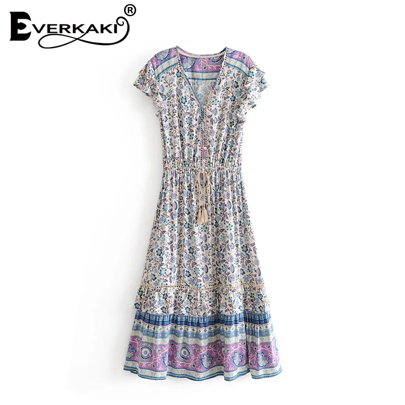Everkaki Boho длинное платье с цветочным принтом женские пояса регулируемая талия v-образный вырез цыганские женские платья-Макси женские Осень новинка - Цвет: Blue