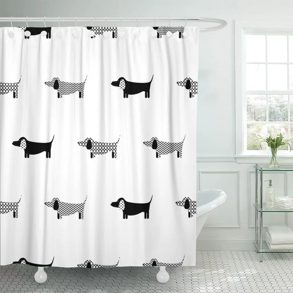 German Badger Dog Silhouette Monochrome Pattern Black and White Shower Curtain Polyester 72 x 78 inches Set with Hooks |