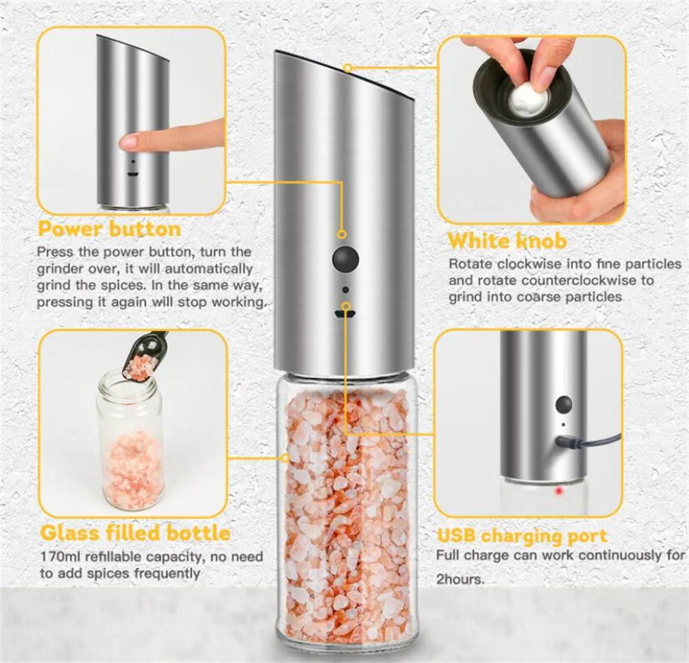 New Electric Automatic Grinding Pepper Salt Grinder USB Rechargeable Spice Salt  Pepper Adjustable Coarse Grinder Kitchen Tool - AliExpress