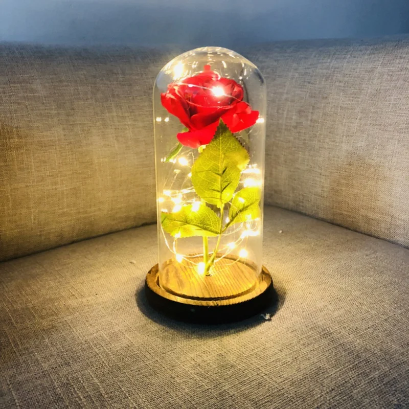 Glass Dome Light Silk Sesame Flower Lights Beauty And The Beast Enchanted Rose Glass LED Lighted Wedding Home Decor Gift