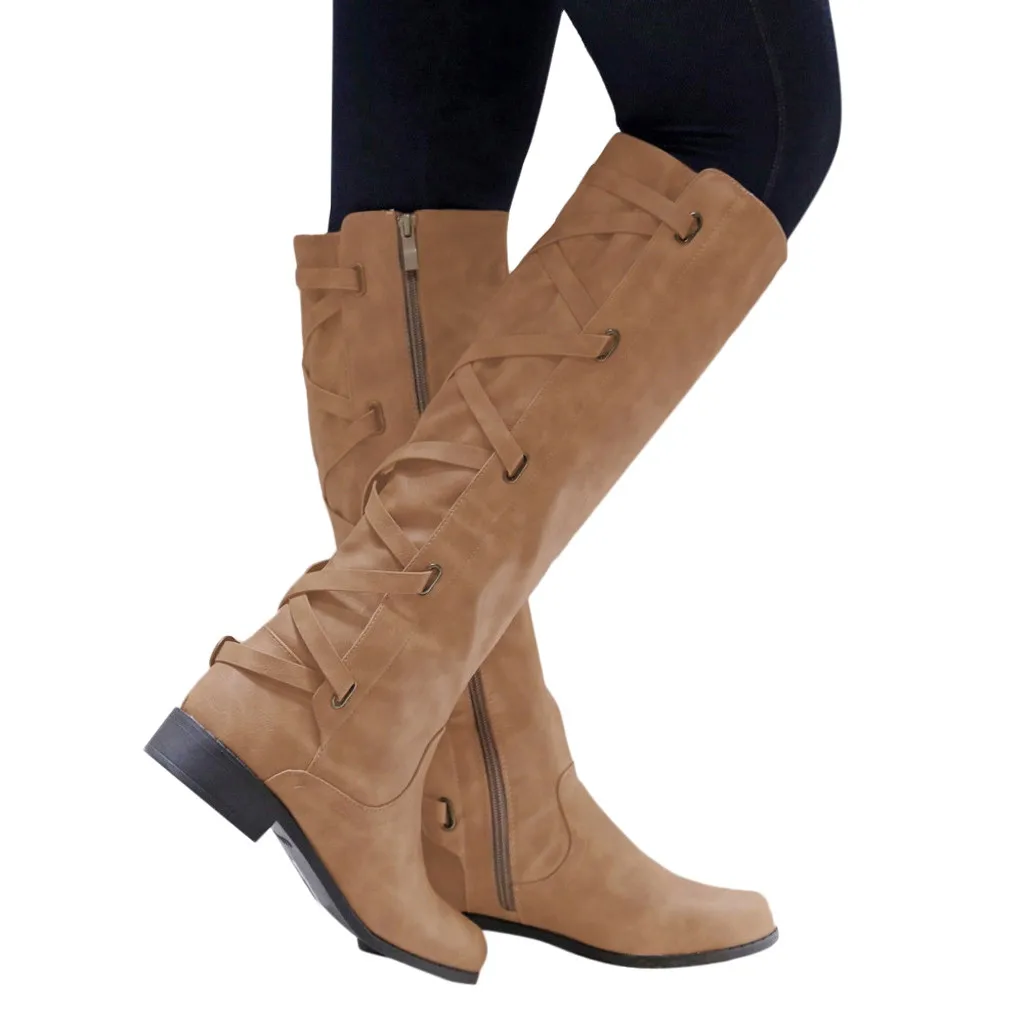 Обувь; женские ботинки; zapatos de mujer; женские ботинки; зимние высокие сапоги до колена с перекрестными ремешками; Теплая обувь в ковбойском стиле