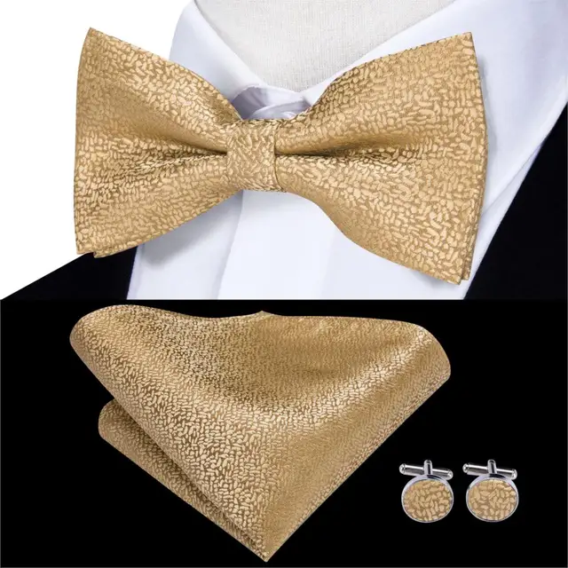 Hi-Tie Classic Black Bow Ties for Men 100% Silk Butterfly Pre-Tied Bow Tie Pocket Square Cufflinks Suit Set Floral Gold Bowties LH-738