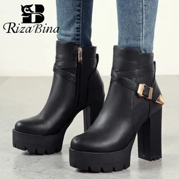 

RIZABINA Ankle Boots For Woman Zipper Platform Square High Heels Shoes Fashion Buckle Winter Warm Women Footwear Size 33-43