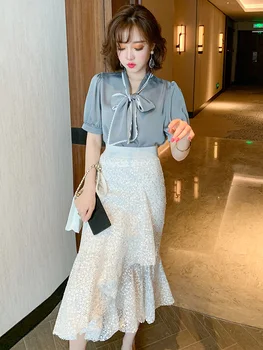 

Fashion Series Led Solid Color Shirt + Mesh Hollow Sequins Irregular Fishtail Skirt Suit, Female Fashion Summer New Style
