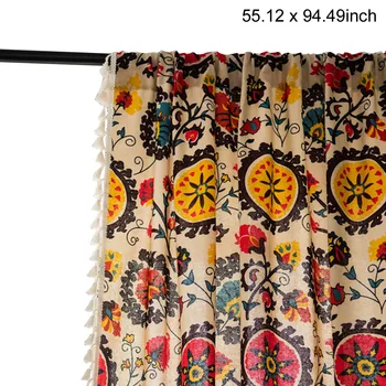 

Curtain Panel Country Style Hanging Home Decor Bedroom Floral Printed Window With Tassels Darkening Soft Cotton Linen Shading