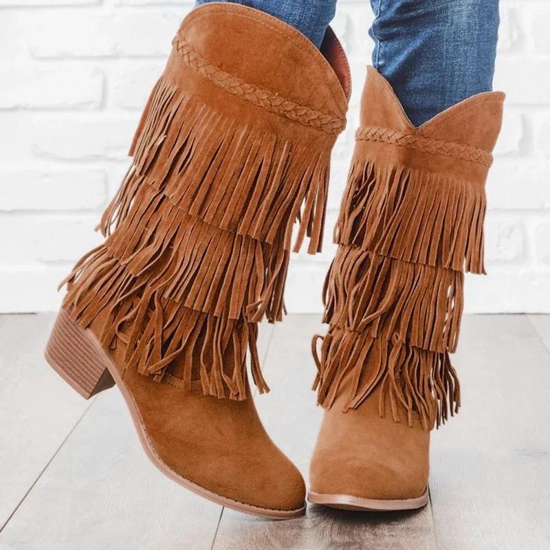 

SHUJIN Women Mid-calf Low Heel Bohemia Style Gladiator Motorcycle Boots Fringed Cowboy Boots Shoes Winter Women Tassel Boots