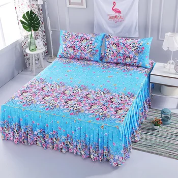 

3pcs Flower Printed Bed Skirt Pillowcase Bedding Set Non-slip Large Size Bedspread Bed Cover Home Decoration Elastic Band