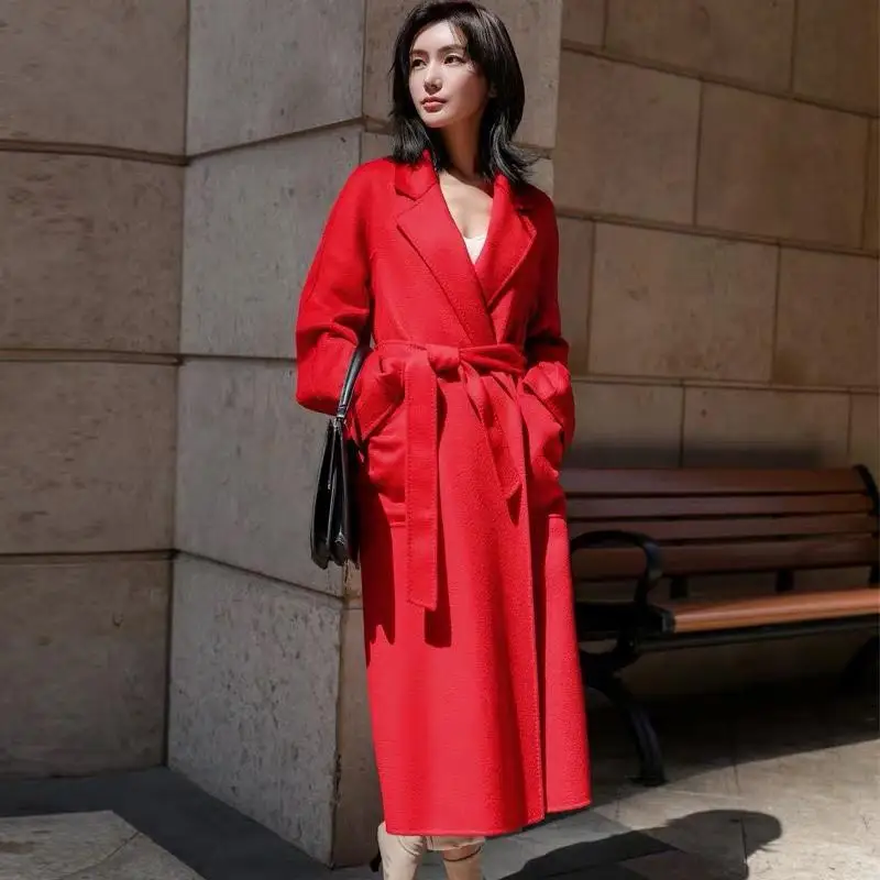 

New Arrival 2019 Classic Robe Style Belted Long Handmade Double Faced Wool 100% Coat Women