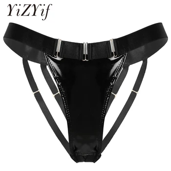 

Womens Panties Bikini Thong Wet Look Patent Leather Lingerie Wide Elastic Waistband Strappy Open Butt G-string Briefs Underwear