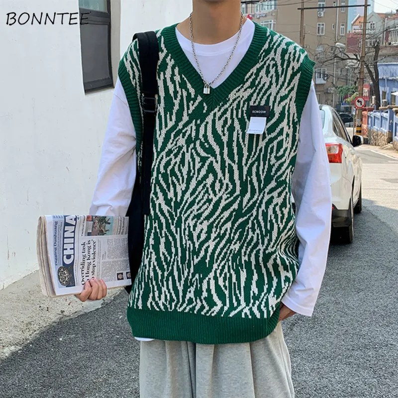 Suéter para hombre, chaleco de rayas de cebra, suéteres de punto sueltos para hombre, All-match Ins Chic, ropa informal con cuello en V de estilo coreano, ropa de calle suave