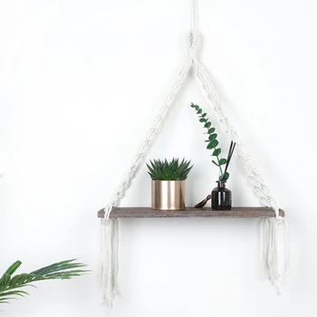 

Boho Style Handmade Cotton Rope Woven Tapestry Wooden Shelf Wall Hanging Decor Plants Shelf Storage Rack Home Decoration