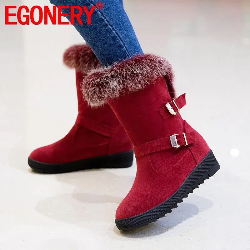 EGONERY/зимние сапоги с кроличьим мехом; модная зимняя женская обувь из флока на плоской подошве для прогулок; цвет красный, коричневый; ботильоны с круглым носком