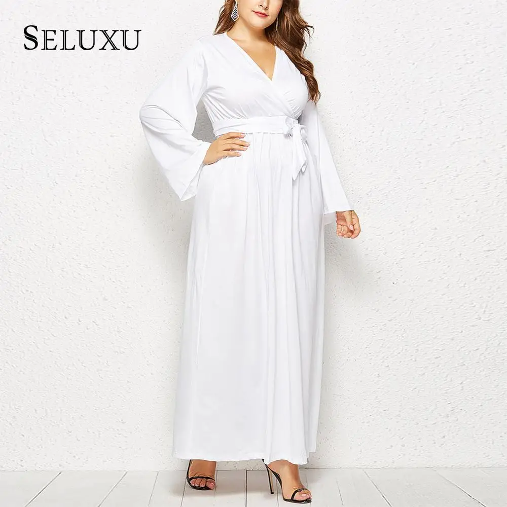 

Seluxu 2019 Fashion Autumn Plus Size Women Dress Solid Color Elegant Dress V-Neck Sexy White Dress Large Size Long Sleeve Dress