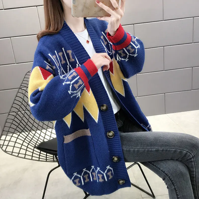 

Женский свитер, вязаный кардиган, Осень-зима 2023, новый женский свитер в западном стиле для отдыха, универсальный топ с v-образным вырезом и длинными рукавами