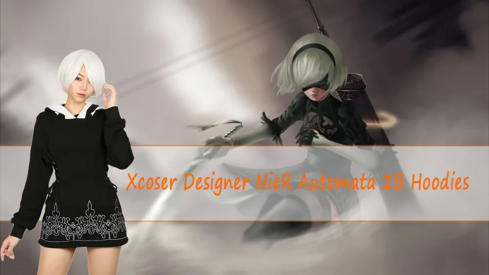 Xcoser NieR Automata 2B Black Mid-length Cotton Hoodie Dresses Cosplay Costume 