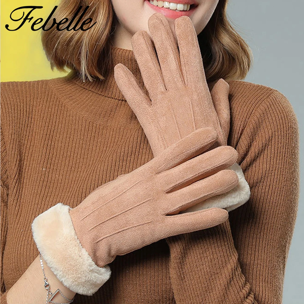 Febelle, женские зимние замшевые перчатки с сенсорным экраном, искусственные кроличьи волосы, перчатки для запястья, утолщенные теплые шерстяные флисовые варежки