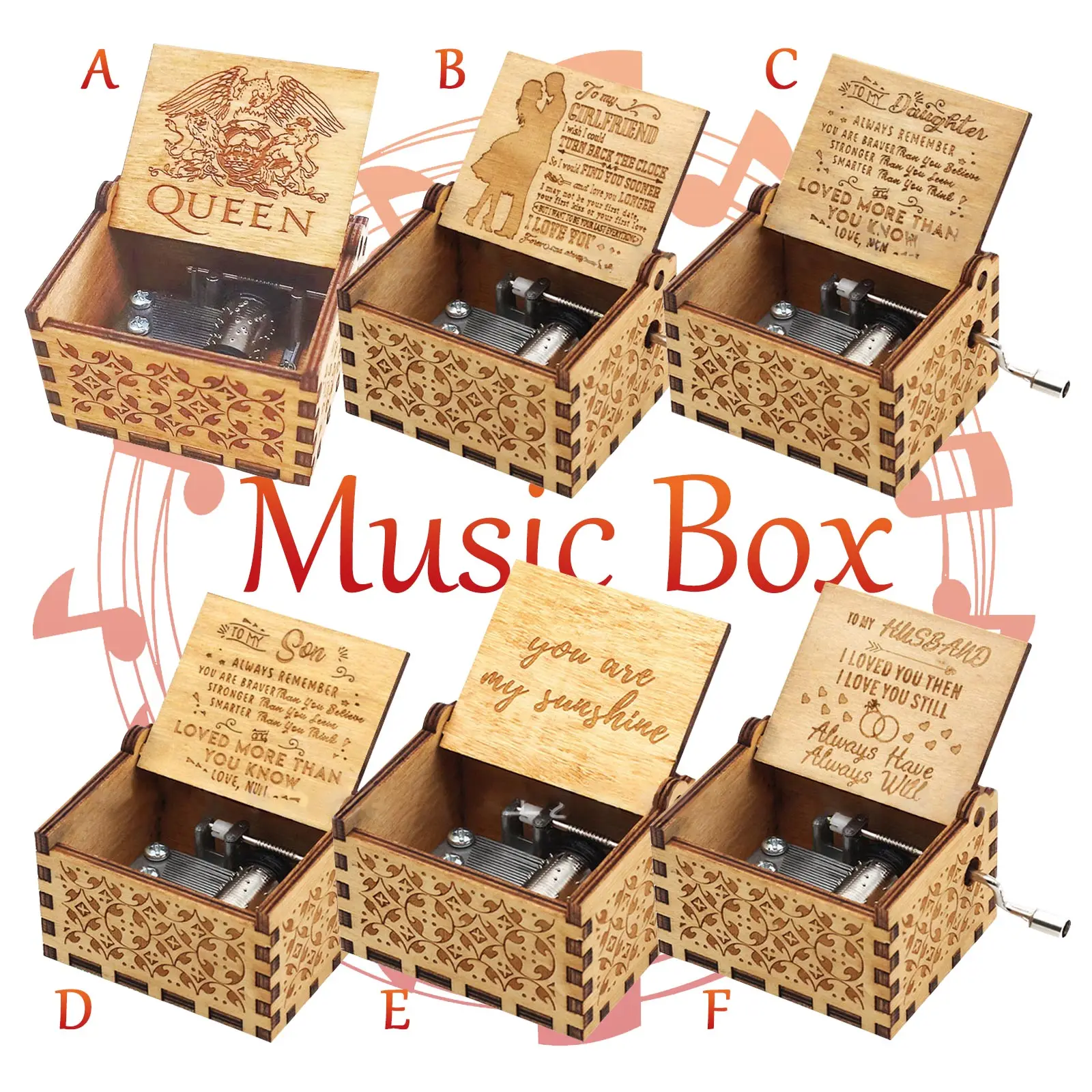 Retro Wooden Music Box Hand Crank Engraved Musical Kids Toys Birthday Gift 