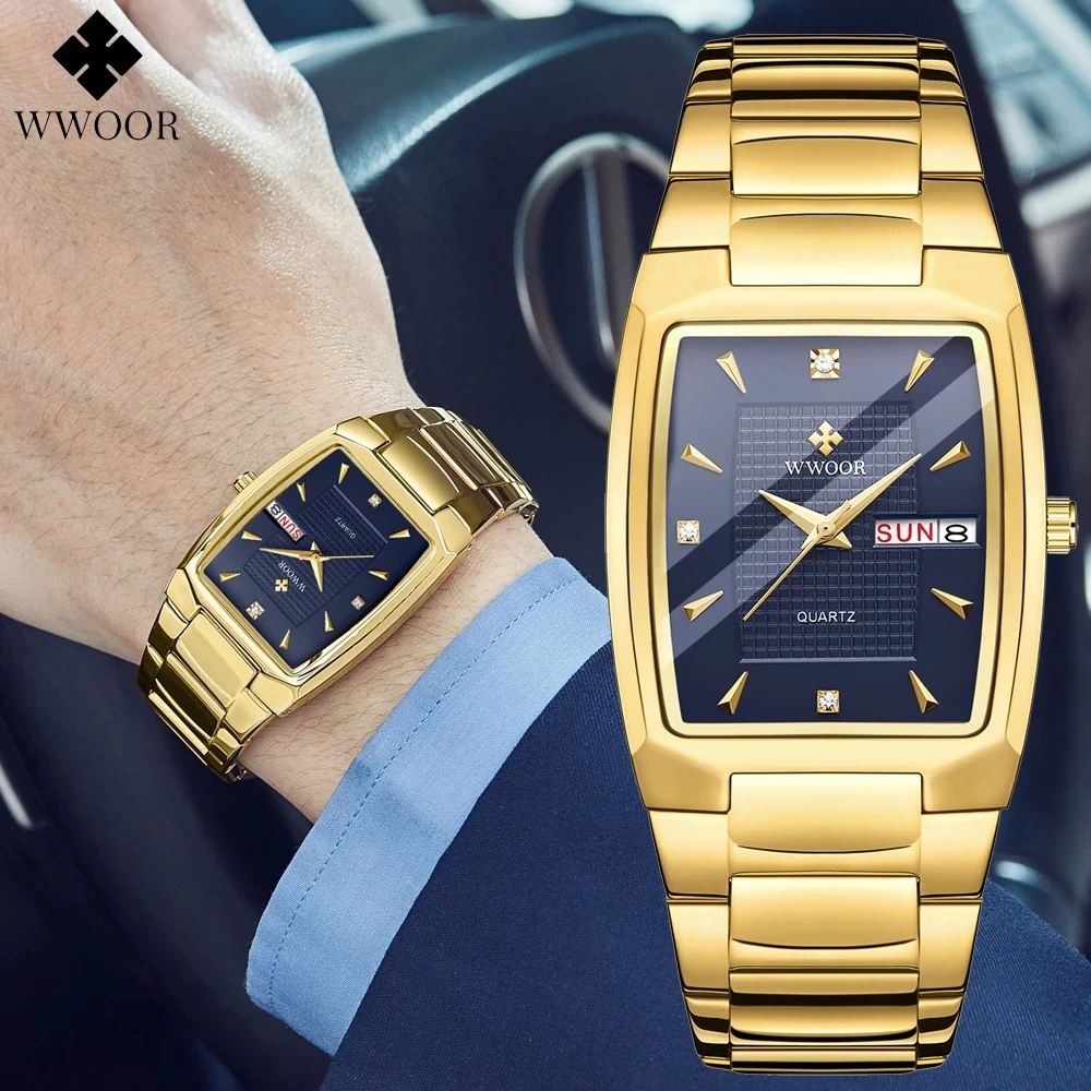 WWOOR 2022 Mens Watches Stainless Steel Gold Blue Square Casual Quartz WristWatch Luxury Waterproof Watch Male Relogio Masculino