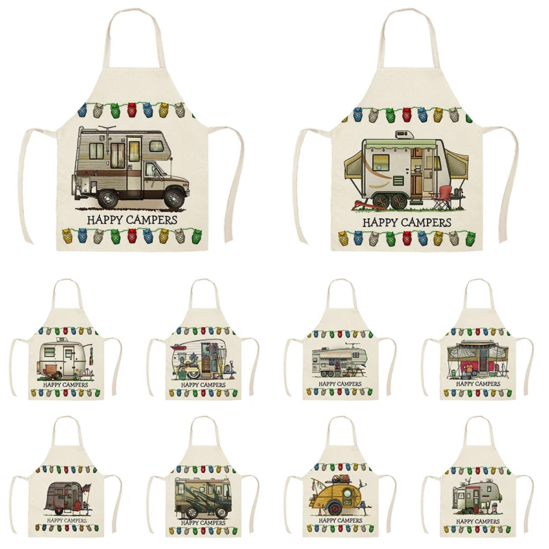 1Pcs Kitchen Apron Sketch Campers Car Printed Sleeveless Cotton Linen Aprons for Men Women Home Cleaning Tools WQ358