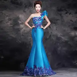 Длинное Ципао китайское платье женское тонкое облегающее свадебное модное шоу синее платье на одно плечо Восточный вечер фотосессия