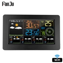 FanJu-Reloj de pared con alarma Digital, estación meteorológica wifi para interiores y exteriores, temperatura, humedad, presión, viento, pronóstico del tiempo, LCD, FJW4