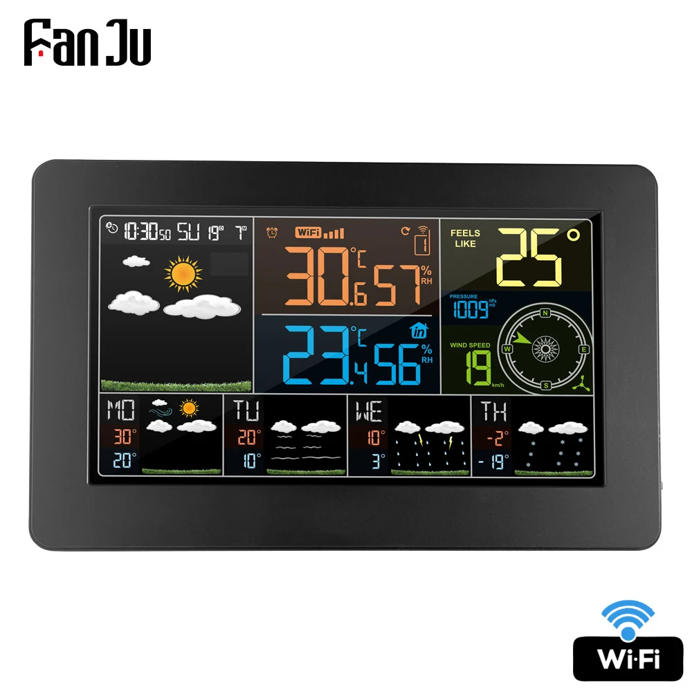 Цена FanJu FJW4 цифровые настенные часы с будильником, метеостанция, Wi Fi, для помещений и улицы, температура, влажность, давление, ветер, погода, ЖК дис...