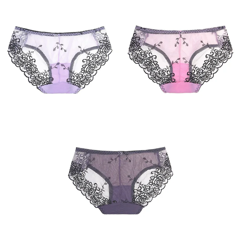 purple pink DarkPur Женское нижнее белье, сексуальные кружевные трусики, трусики, Цветочная мягкая сетка, женское нижнее белье, сексуальные вышитые женские трусики, 3 штуки, Aofeiqike - Цвет: purple pink DarkPur