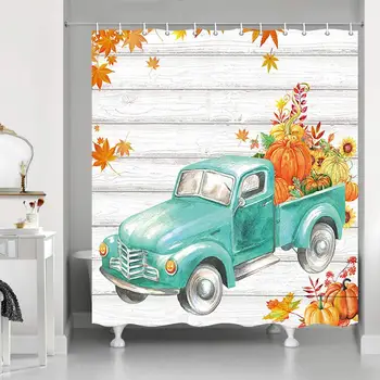 

Thanksgiving Autumn Fall Maple Leaf Retro Teal Truck Car with Pumpkin Sunflower on Rustic Farm Wooden Shower Curtain Bathroom