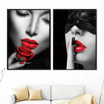 

Sexy Girl Red Lips Feather Wall Art Canvas Painting Nordic Posters And Prints Wall Pictures For Living Room Salon Decor Painting