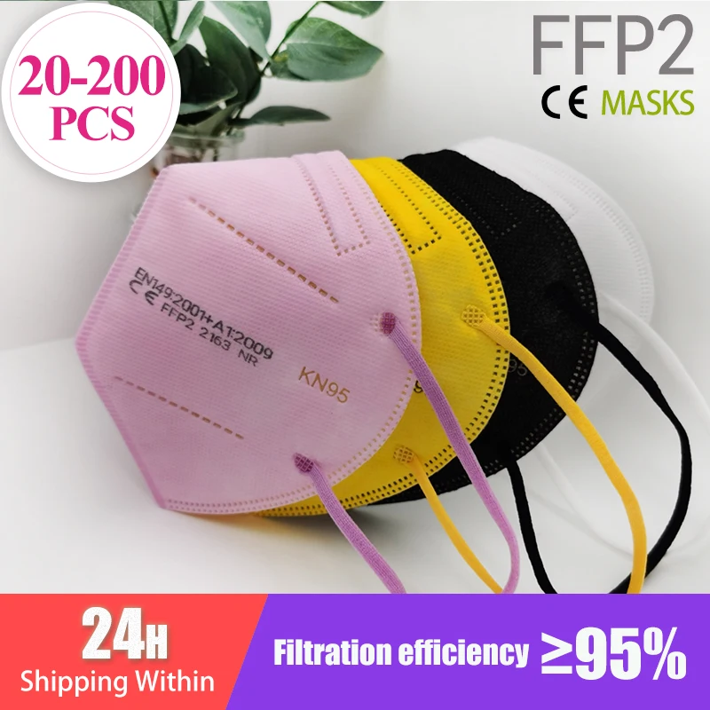 Mascarillas FFP2 para adultos, máscara facial KN95 de 5 capas con filtro, color rosa, 20-200 Uds.