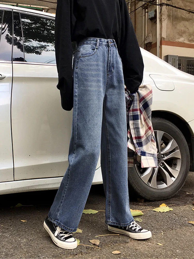 Spring And Autumn New Style Korean-style Slimming High-waisted Loose Straight Jeans First Love Pants Student Wide-Leg Trous