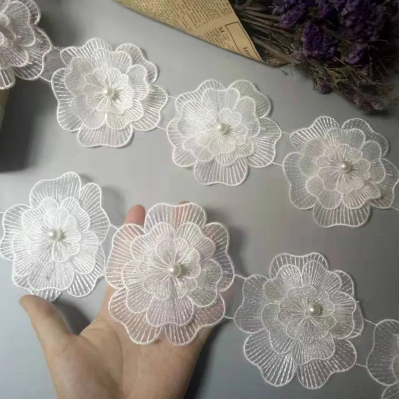 1 yard White Big Flower Pearl Beaded Embroidered Lace Edge Trim Floral Applique Patches Fabric Sewing Vintage Wedding Dress 10cm