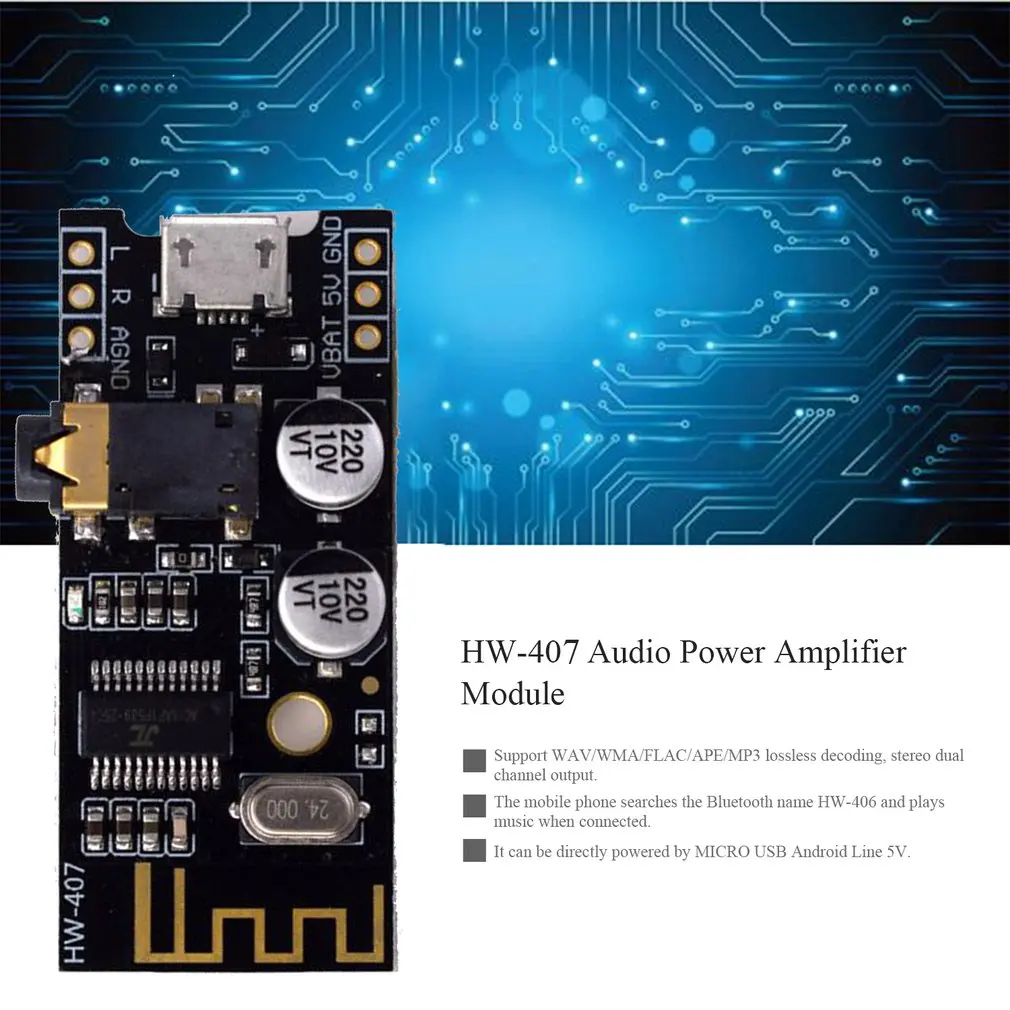 HW-407 Digital Audio Amplifier Board Wireless Audio Module 4.2 Stereo Lossless High Fidelity Hifi Diy Modification Black