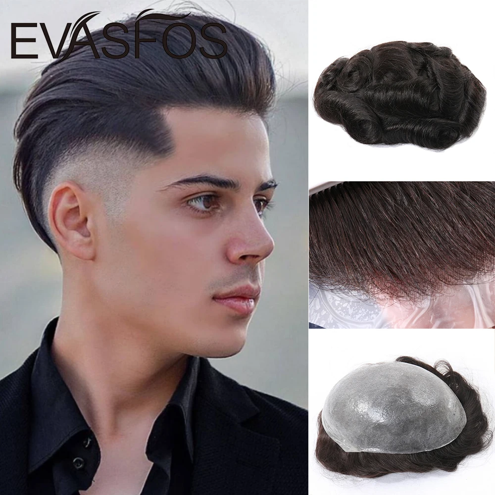 Tanie EVASFOS męska peruka z naturalnych włosów pełna PU kapilarna proteza