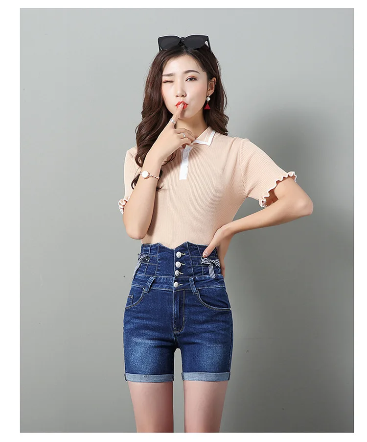 0619 Высокая талия Slim Fit стрейч джинсовые шорты для женщин однобортный обтягивающий большого размера модные, пикантные короткие Feminino